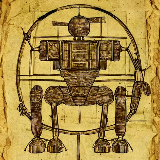 Prompt: ancient technical schematics, on parchment, by leonardo da vinci of a highly advanced futuristic robot