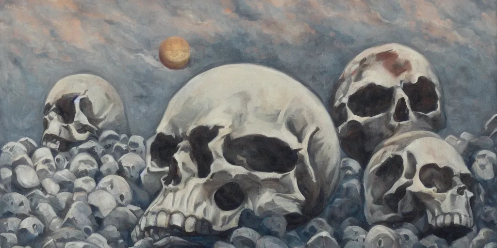 Prompt: a few giant skulls on the moon, oil on canvas