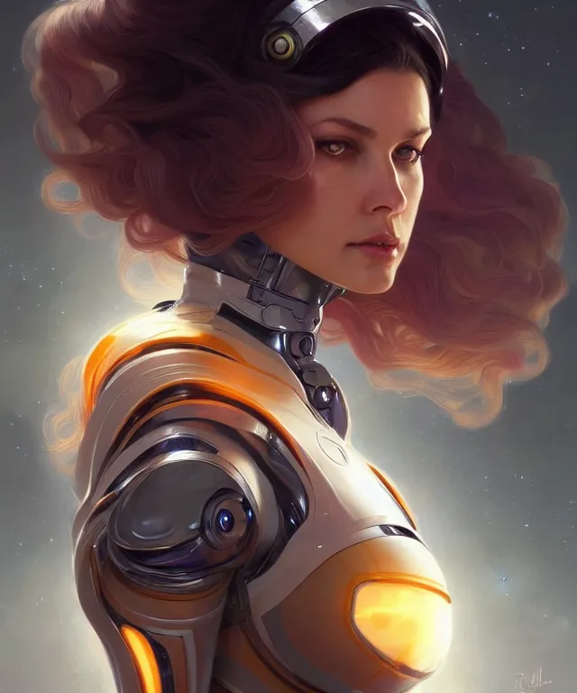 Image similar to futuristic spacesuit woman big breast portrait, sci-fi, amber eyes, face, long hair, fantasy, intricate, elegant, highly detailed, digital painting, artstation, concept art, smooth, sharp focus, illustration, art by artgerm and greg rutkowski and alphonse mucha