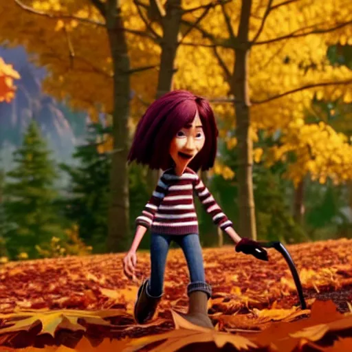 Image similar to a stopmotion animation character, a beautiful canadian woman, gardening, very attractive, messy dark grey hair, striped sweater, tight denim jeans, maroon doc marten boots, canadian maple leaves blowing about, mountains, autumn, unreal engine 5, 8 k, kubo and the two strings, disney, pixar,