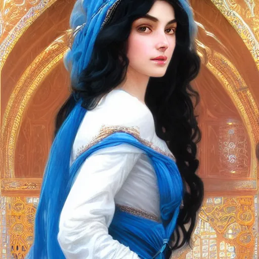 Prompt: portrait of ameera al taweel, bright blue eyes, long wavy black hair, white veil, front , highly detailed, digital painting, artstation, concept art, smooth, sharp focus, illustration, ArtStation, art by artgerm and greg rutkowski and alphonse mucha and J. C. Leyendecker and Edmund Blair Leighton