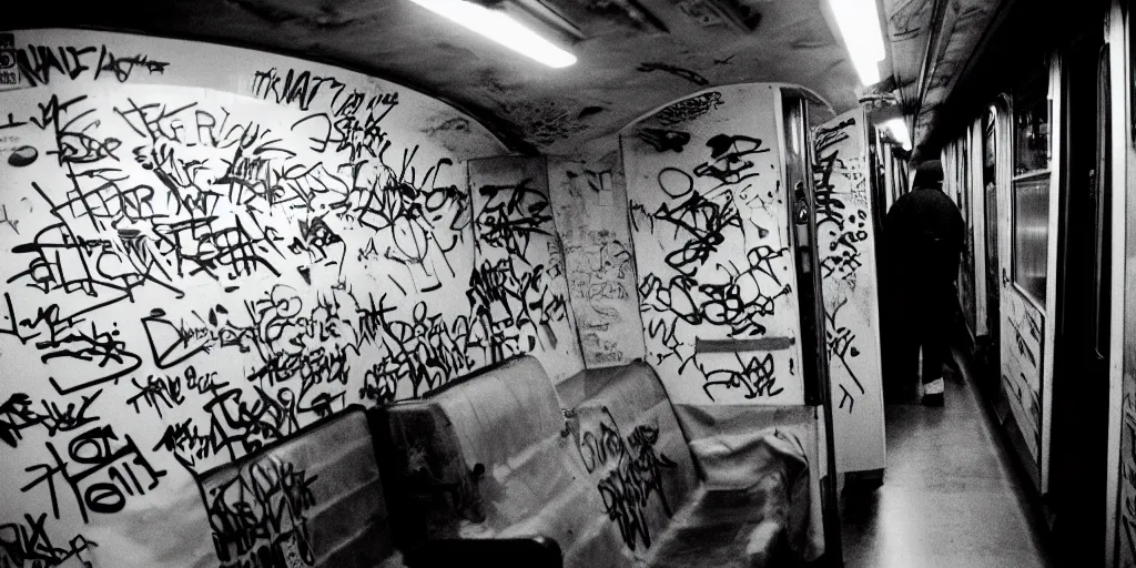 Image similar to subway cabin inside all in graffiti, man in carhartt jacket closeup writing graffiti, night, film photography, exposed b & w photography, christopher morris photography, bruce davidson photography