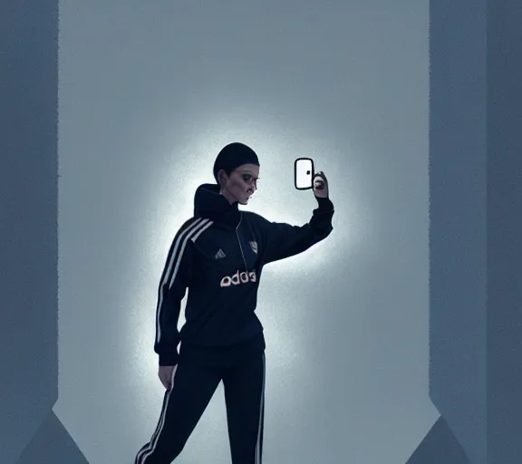 Image similar to portrait of slav heroine wearing an addidas tracksuit with a phone in hand. illuminated phone screen, by greg rutkowski and wlop, detailed, cinematic, 8 k, intricate, rule of thirds.