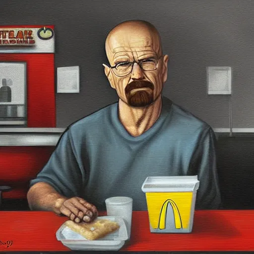 Image similar to oil digital painting of walter white at mcdonalds by ina wong