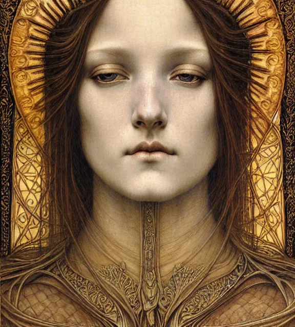 Image similar to detailed realistic beautiful young medieval queen face portrait by jean delville, gustave dore and marco mazzoni, art nouveau, symbolist, visionary, gothic, pre - raphaelite. horizontal symmetry