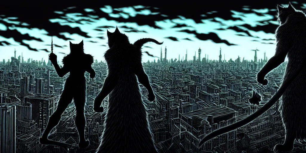 Prompt: Big city, huge cat monster silhouette in the background, in the style of Kentaro Miura, Berserk, landscape, hyperdetailed, ultra quality, 4k, ultra details