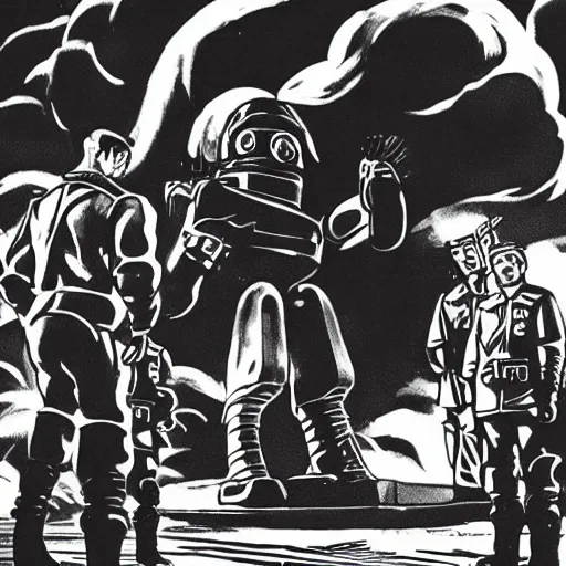 Prompt: a mecha robot about to stomp on Hitler, in front of a nuclear explosion