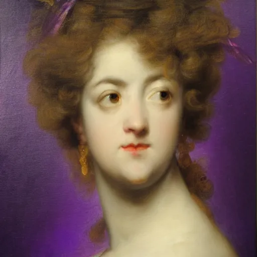 Prompt: electric purple by joshua reynolds ornate. a beautiful experimental art. she looks up at me, up & down. she has short - cropped hair, & a scar on her left cheekbone : just a line of black against her deep tan, precise & geometrical. her eyes are pale green.