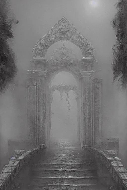 Prompt: a beautiful 3 d gigantic golden hell's gate osborne robert mandel artstation unreal 8 k, greco - roman art, intricate complexity, gilded swirls on monochrome, occult propaganda, in the thick fog artwork by jeremy lipkin and giuseppe dangelico pino