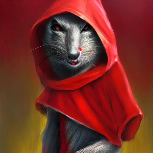 Prompt: a bipedal rat wearing red riding hood costume, fantasy art, trending on artstation, oil on canvas