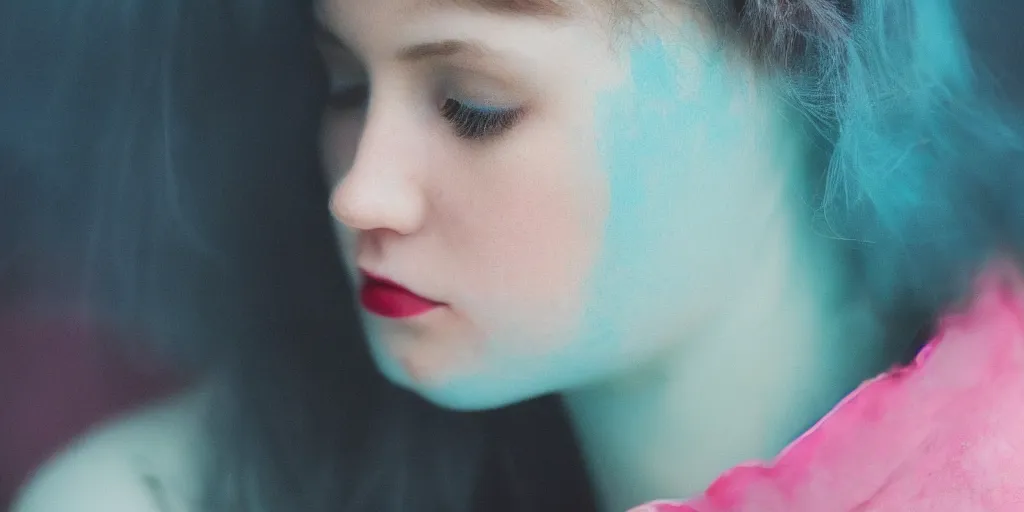 Image similar to a close up photo of a beautiful young woman with accents of cyan and pink. Moody and melanchony