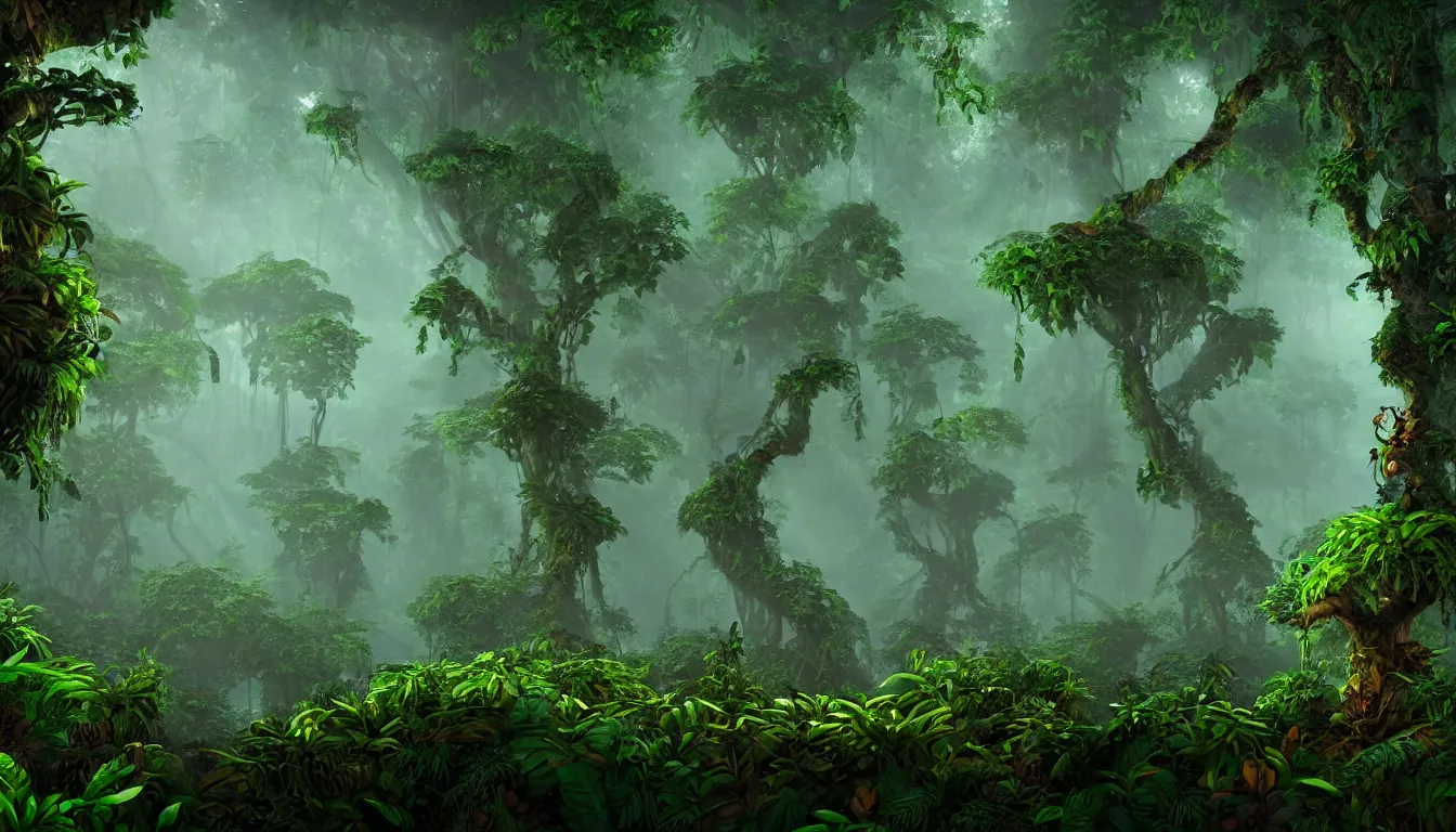 Image similar to deep jungle forest realm biodiversity , side-scrolling 2d platformer game level, swirling clouds of magical mist through the trees, small chunks of forest soil floating like islands between the tree trunks, dramatic dusk sun illuminates areas , volumetric light , detailed entangled roots carpet the forest floor, rich color , upscale , 8k