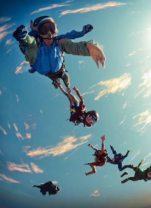 Image similar to An epic fantastic realism comic book style painting of hippies skydiving over the pentagon on acid, fisheye lens, unreal 5, DAZ, hyperrealistic, octane render, dynamic lighting