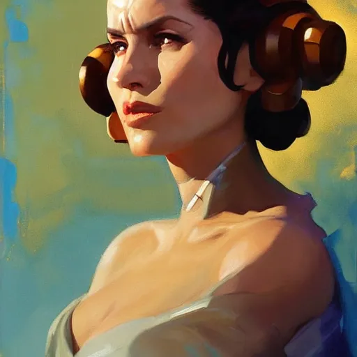 Image similar to greg manchess portrait painting of leia organa as overwatch character, medium shot, asymmetrical, profile picture, organic painting, sunny day, matte painting, bold shapes, hard edges, street art, trending on artstation, by huang guangjian and gil elvgren and sachin teng