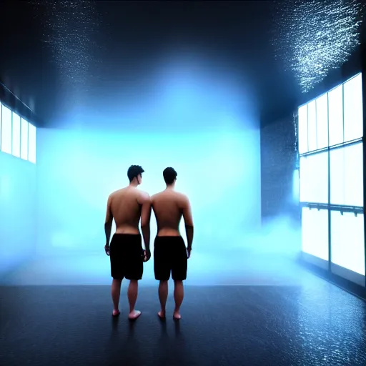 Prompt: two guys in the steam room. super realistic 8 k render of a elegant, cinematic composition