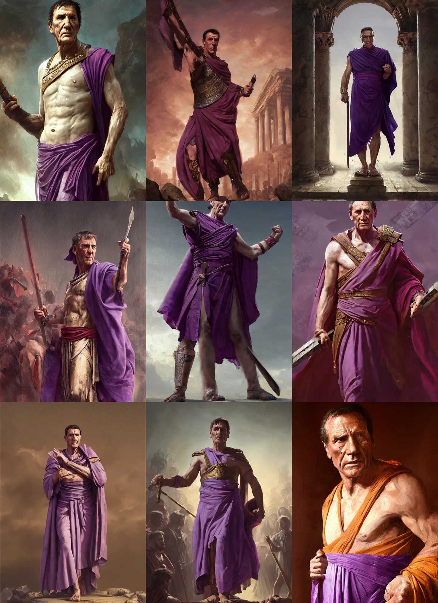 Prompt: triumphant gaius julius caesar wearing a tyrian purple roman toga, ciaran hinds, art by greg rutkowski, highly detailed, digital painting, sharp focus, illustration