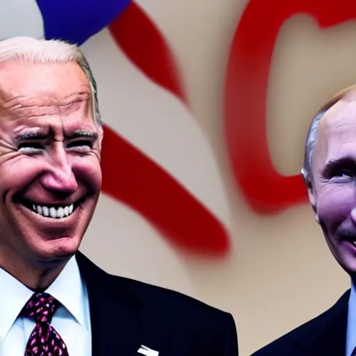 Image similar to clowns joe biden and jokers vladimir putin smiling wildly nuclear weapons in the background