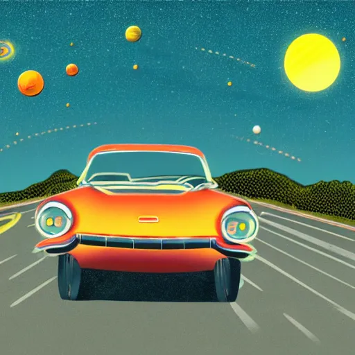 Image similar to 1960s car on a road in space driving towards a planet, trending on art station