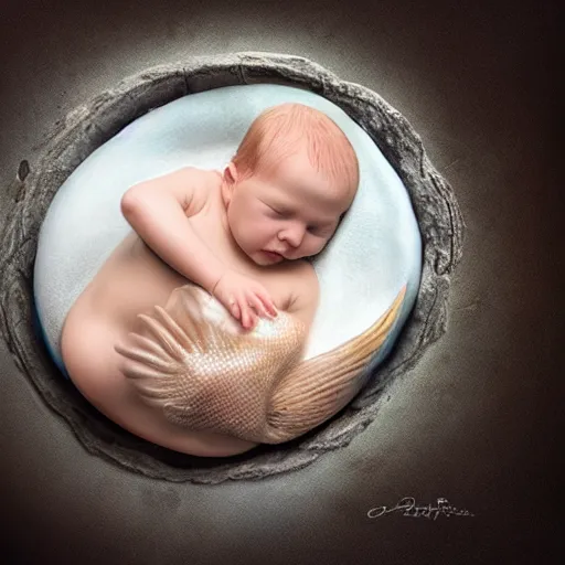 Prompt: a baby mermaid sleeping in an cracked egg, ultrarealistic, dramatic lighting, high details, 4 k, 8 k, best, accurate, trending on artstation, artstation, photorealism, ultrarealistic, digital painting, style of anne geddes