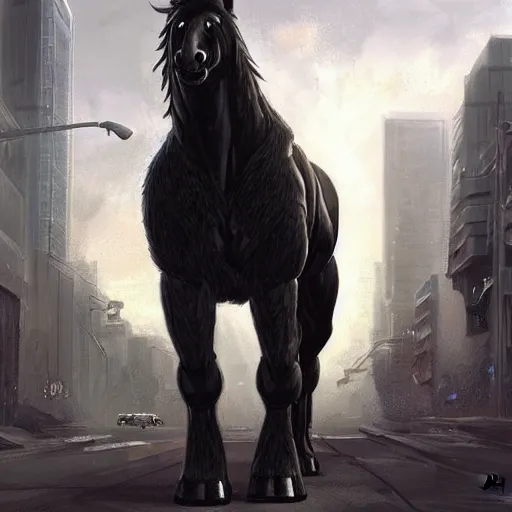 Prompt: a gigantically musclebound black - furred male anthro horse in a sleek tactical outfit in a city warzone, absurdly massive physique, furaffinity, furry art, highly detailed, digital painting, artstation, sharp focus, smooth, concept art, illustration, art by artgerm, greg rutkowski, wlop