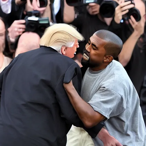 Prompt: kanye west giving donald trump a big bear hug in front of the white house while kanye smells trumps hair