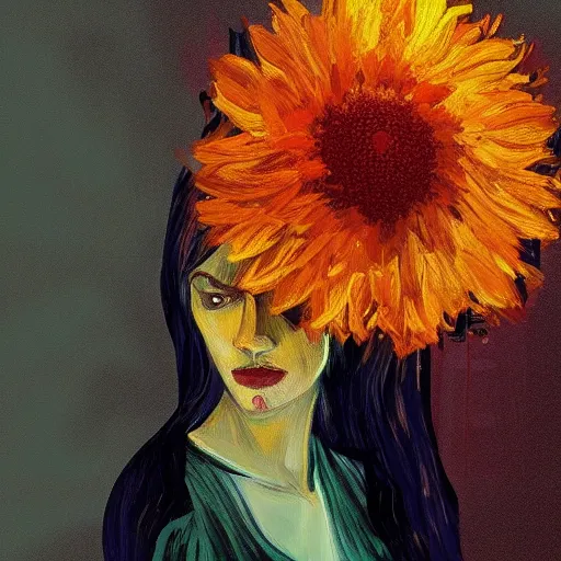 Image similar to giant flower head, woman in a luxury apartment, surreal, dramatic light, impressionist painting, digital painting, artstation, van gogh