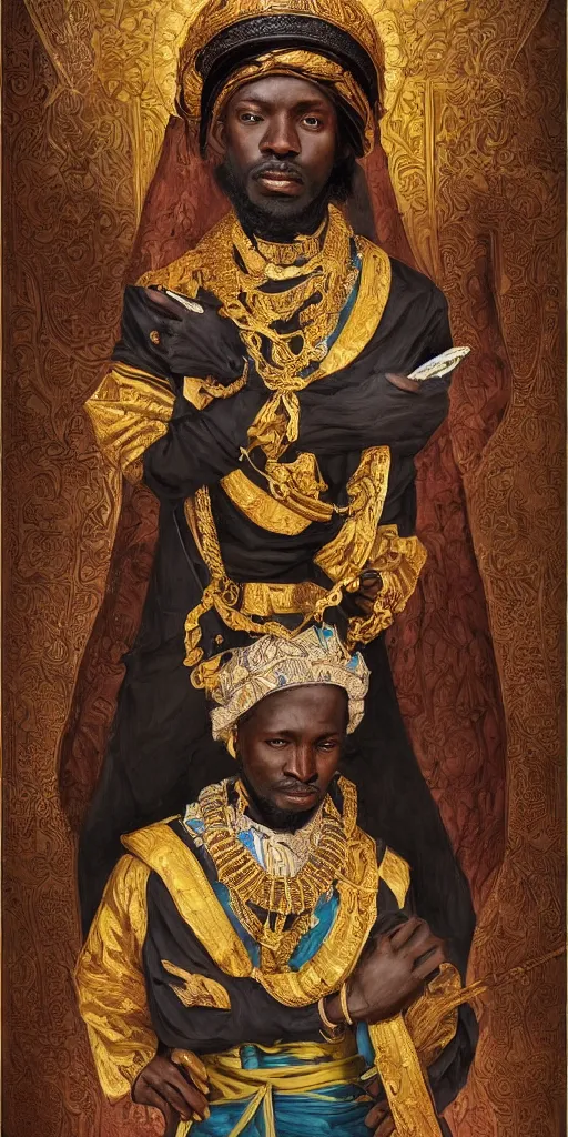 Image similar to a stunning and noble highly detailed romantic period style portrait of mansa musa by josep tapiro baro, trending on artstation, oil painting masterpiece, symmetry, mysterious, very very very aesthetic, african iconography