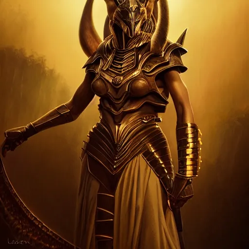 Image similar to majestic gracious anubis female warrior portrait, menacing, atmospheric lighting, painted, intricate, volumetric lighting, beautiful, rich deep colours masterpiece, golden hour, golden ratio, sharp focus, ultra detailed, by leesha hannigan, ross tran, thierry doizon, kai carpenter, ignacio fernandez rios