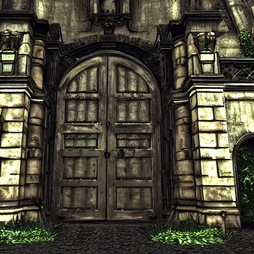 Prompt: entrance of a mansion, gargoyles, plants, background of resident evil game