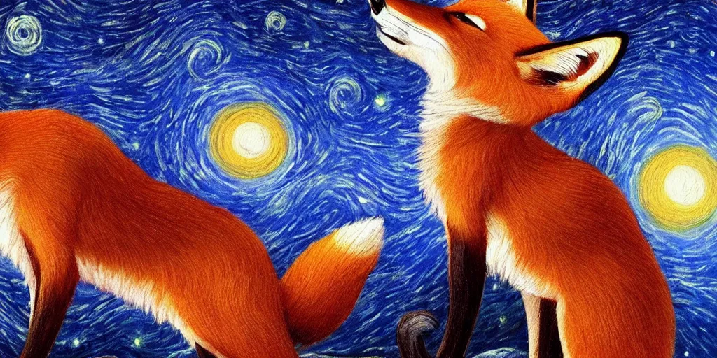 Image similar to a painting of a fox looking up at the stars in the style of Starry Night, highly detailed, trending on artstation