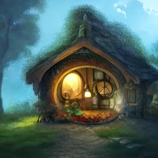 Prompt: a hobbit house with light coming out of a window, fantasy, digital art, artstation, beautiful, magical.