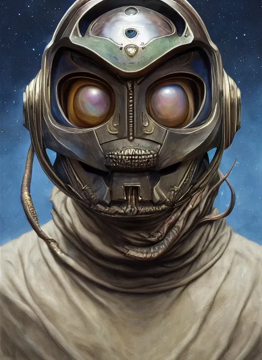 Image similar to space helmet mf doom reptile eyes, opal skin. intricate, elegant, highly detailed, centered, digital painting, artstation, concept art, smooth, sharp focus, illustration, artgerm, tomasz alen kopera, peter mohrbacher, donato giancola, joseph christian leyendecker, wlop, frank frazetta