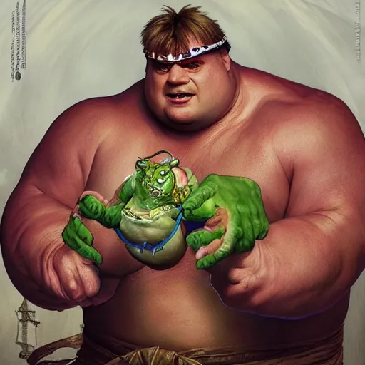 Image similar to chris farley as blanka from street fighter, squatting, ultra realistic, concept art, intricate details, eerie, highly detailed, photorealistic, octane render, 8 k, unreal engine. art by artgerm and greg rutkowski and magali villeneuve and alphonse mucha