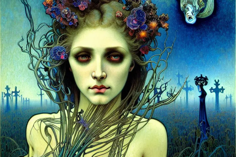 Image similar to realistic detailed portrait painting of a beautiful female zombie, nightly graveyard landscape background by Jean Delville, Amano, Yves Tanguy, Alphonse Mucha, Ernst Haeckel, Edward Robert Hughes, Roger Dean, masterpiece, cinematic composition, dramatic pose, 4k details, rich moody colours, blue eyes