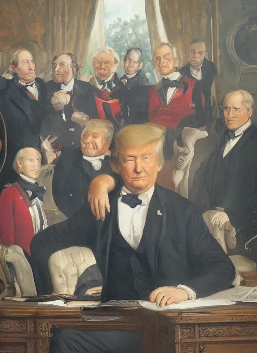 Image similar to portrait of the united states president, 1 8 6 7, donald trump. standing in the oval office. oil on canvas by william sidney mount, trending on artstation