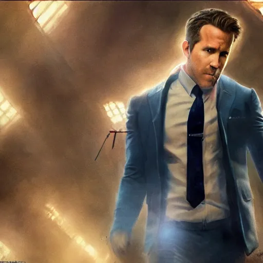 Image similar to ryan reynolds as spider - man, wearing a black and blue suit, cinematic, volumetric lighting, f 8 aperture, cinematic eastman 5 3 8 4 film, photorealistic by greg rutkowski, by stanley artgerm, by alphonse mucha