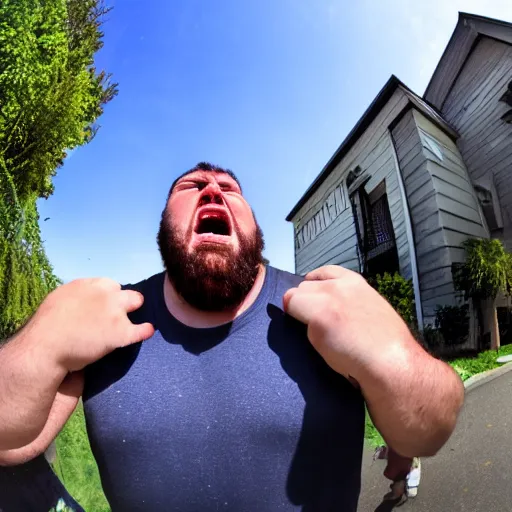 Prompt: Big sweaty guy yelling at you about his favorite cryptocurrency crashing and how it's somehow your fault, fisheye lens, photo