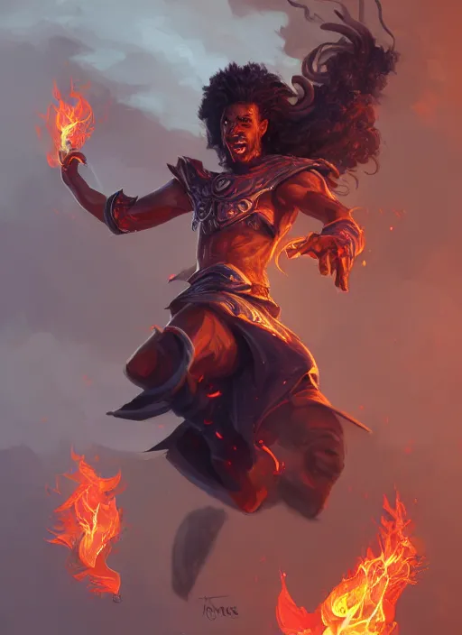 Image similar to a highly detailed illustration of attractive young black guy with tall hair with flaming feet, heroic kicking pose, intricate, elegant, highly detailed, centered, digital painting, artstation, concept art, smooth, sharp focus, league of legends concept art, wlop