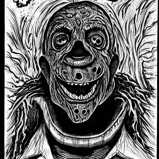 Prompt: a Pop Wonder scary horror themed goofy-hilarious-swamp-bog-monster-spaced-out-dead-head-with-space-in-his-oraphus, 3-piece-suit, dime-store-comic drawn with charcoal and pen and ink, half-tone-line-stacking