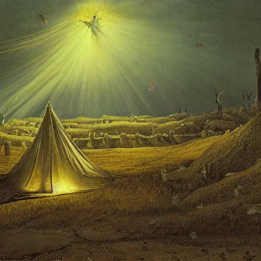 Prompt: painting of a hr giger tent in a landscape covered in moths, light beams night, casper david friedrich