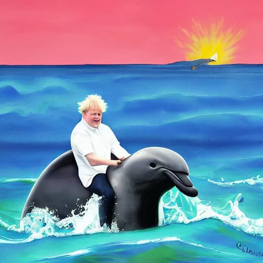 Prompt: boris johnson riding a dolphin, painting