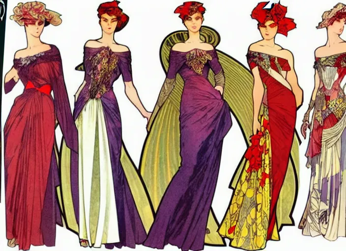 Image similar to 4 elegant full length daredevil comic dress designs with natural history prints designed by alphonso mucha