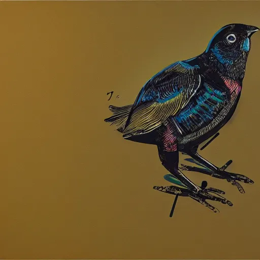 Image similar to a neon-winged mechanical austral thrush, the background is the kernel of a virtual world, oil on canvas by Yoji Shinkawa and Stina Persson