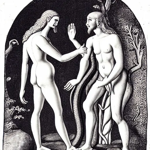 Prompt: depiction of adam and eve shaking hands with an anthromorphic snake