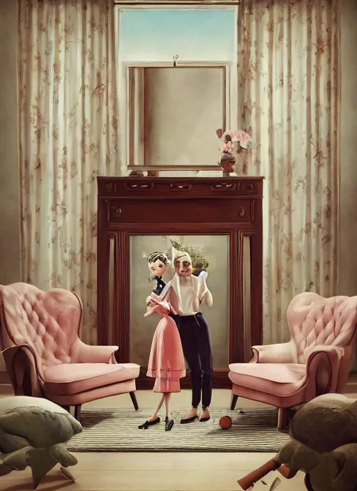 Prompt: wide - angle portrait of a retro 1 9 5 0 s living room, depth of field, zeiss lens, detailed, symmetrical, centered, fashion photoshoot, by nicoletta ceccoli, mark ryden, lostfish, breathtaking, 8 k resolution, extremely detailed, beautiful, establishing shot, artistic, hyperrealistic, octane render