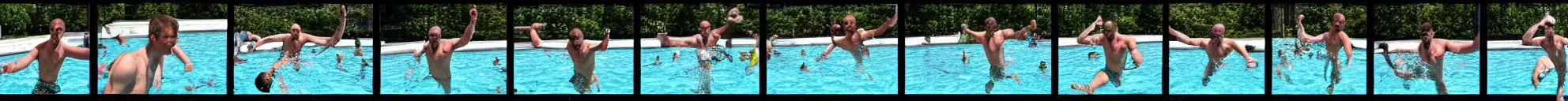 Image similar to 8 consistent frames from a video of a man jumping into a pool