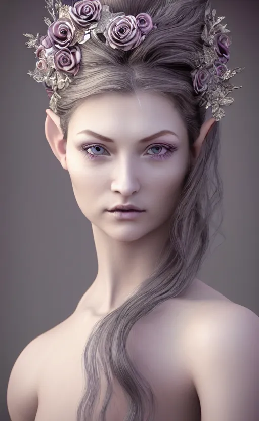 Prompt: complex 3 d render, ultra detailed, realistic headshot portrait of a beautiful porcelain skin woman, face, wispy, wavy hair worn tied back in a messy bun, wearing filigree silver elven circlet, detailed eyes, round catchlights, flowers in hair, mauve lips, 8 5 mm lens, beautiful, studio portrait, proportional,
