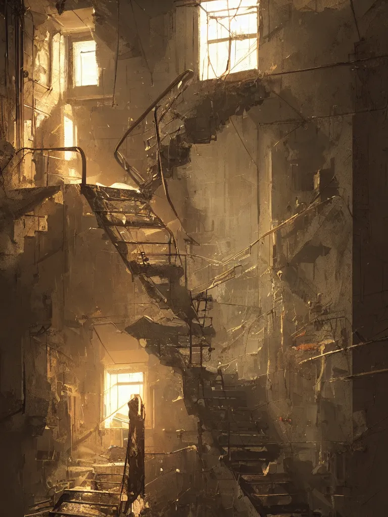 Prompt: down a basement staircase in a painting from stalenhag, 4 k, 8 k, hdr, artstation, concept art