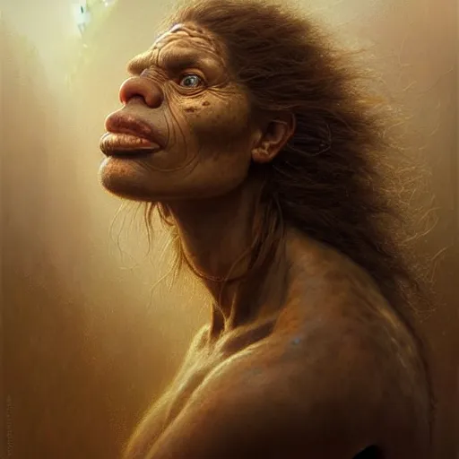 Prompt: portrait of beautiful neanderthal woman. gritty texture. highly detailed, centered, digital painting, artstation, concept art, smooth, sharp focus, golden hour, illustration, artgerm, tomasz alen kopera, peter mohrbacher, donato giancola, joseph christian leyendecker, frank frazetta, boris vallejo