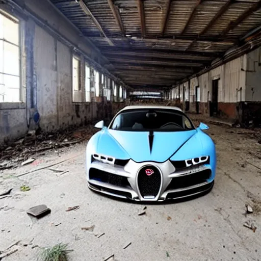 Image similar to an abandoned, derelict, rusty bugatti chiron in a dirty warehouse